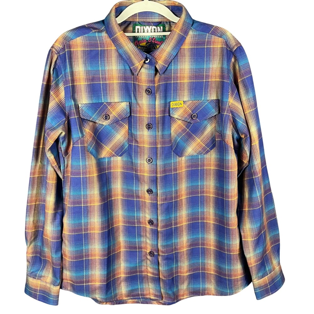 Dixxon Flannel Main Street Shirt Womens Large Blue Orange Plaid D-Tech Long Slv